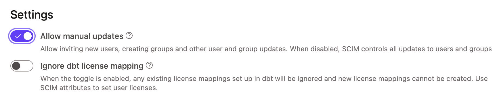 Enabling manual updates in SCIM settings.