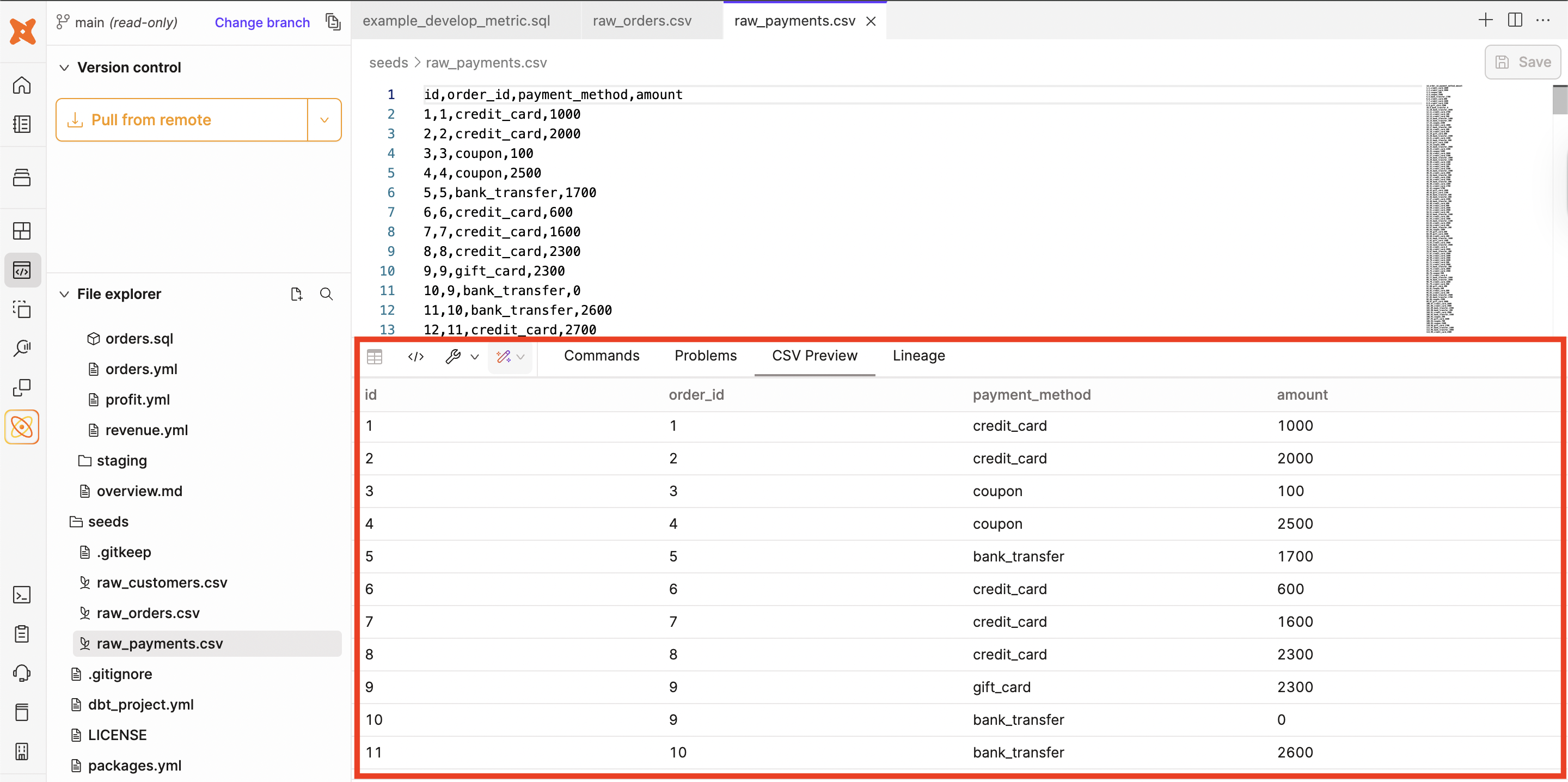 View CSV code in the CSV Preview console tab below the Editor tab. View CSV code in the CSV Preview console tab below the Editor tab.
